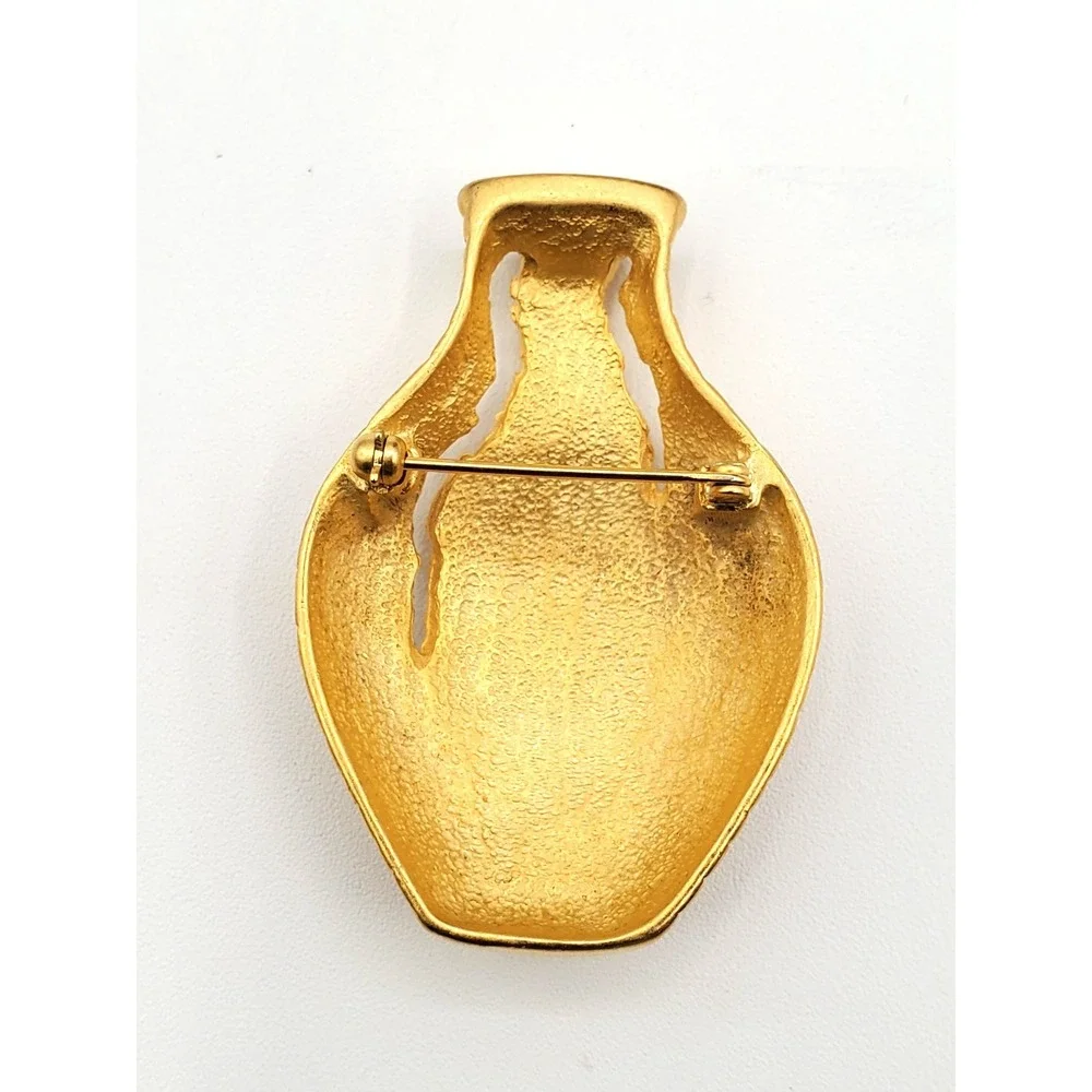 Vintage Etruscan Style Cracked Jar Urn Brooch Pin Gold Tone